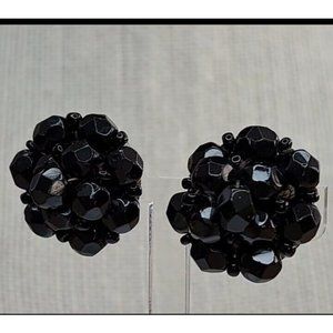 VINTAGE GERMAN MADE BLACK GLASS BEADED CLIP EARRINGS RETRO WIRED 1949, EARLIER